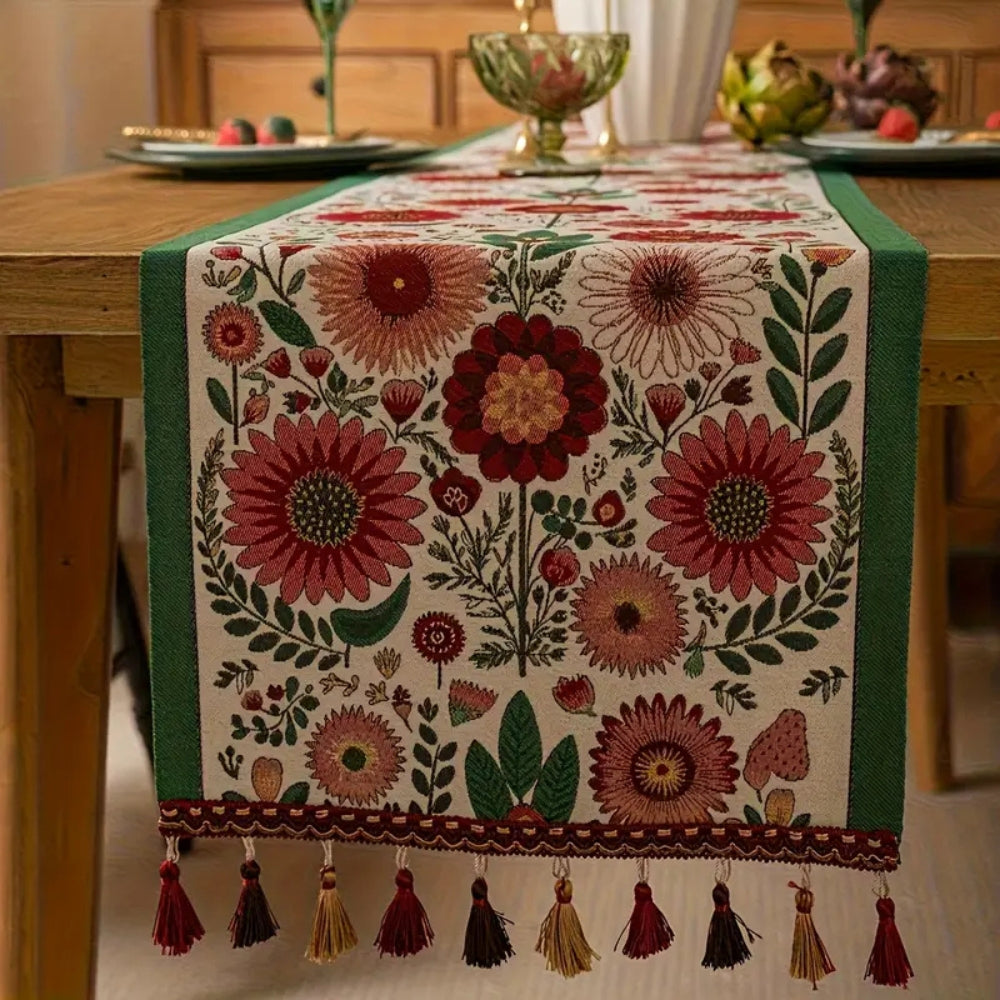 Elysia Table Runner - Embroidered Floral with Tassels 3