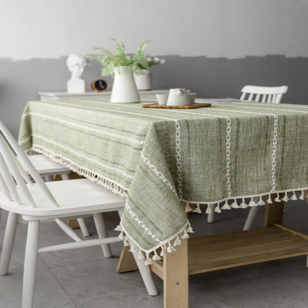 Elysian Cotton Linen Tablecloth - Striped Embroidery Tassel Lace 0