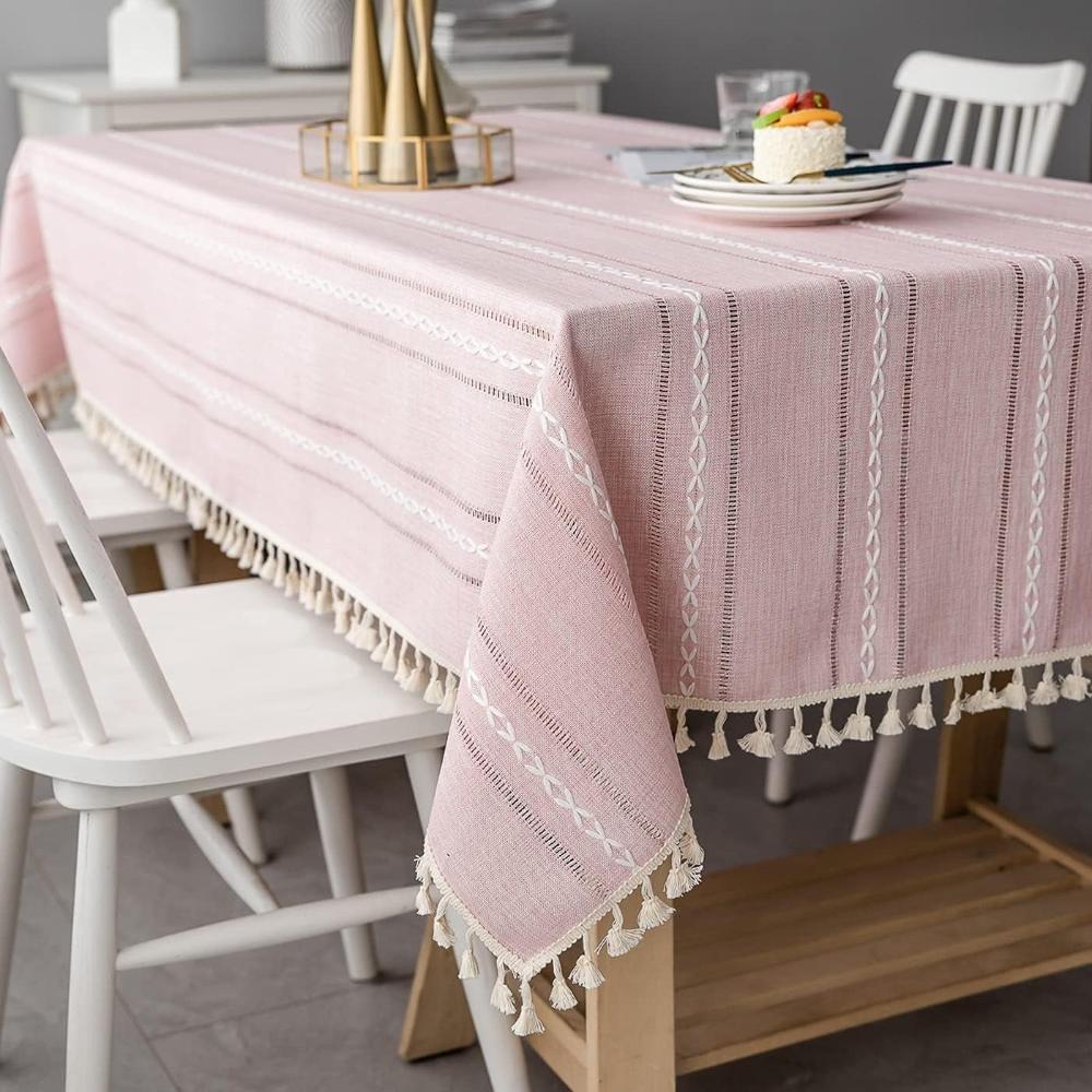Elysian Cotton Linen Tablecloth - Striped Embroidery Tassel Lace 1