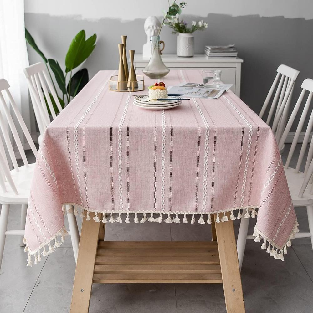 Elysian Cotton Linen Tablecloth - Striped Embroidery Tassel Lace 2