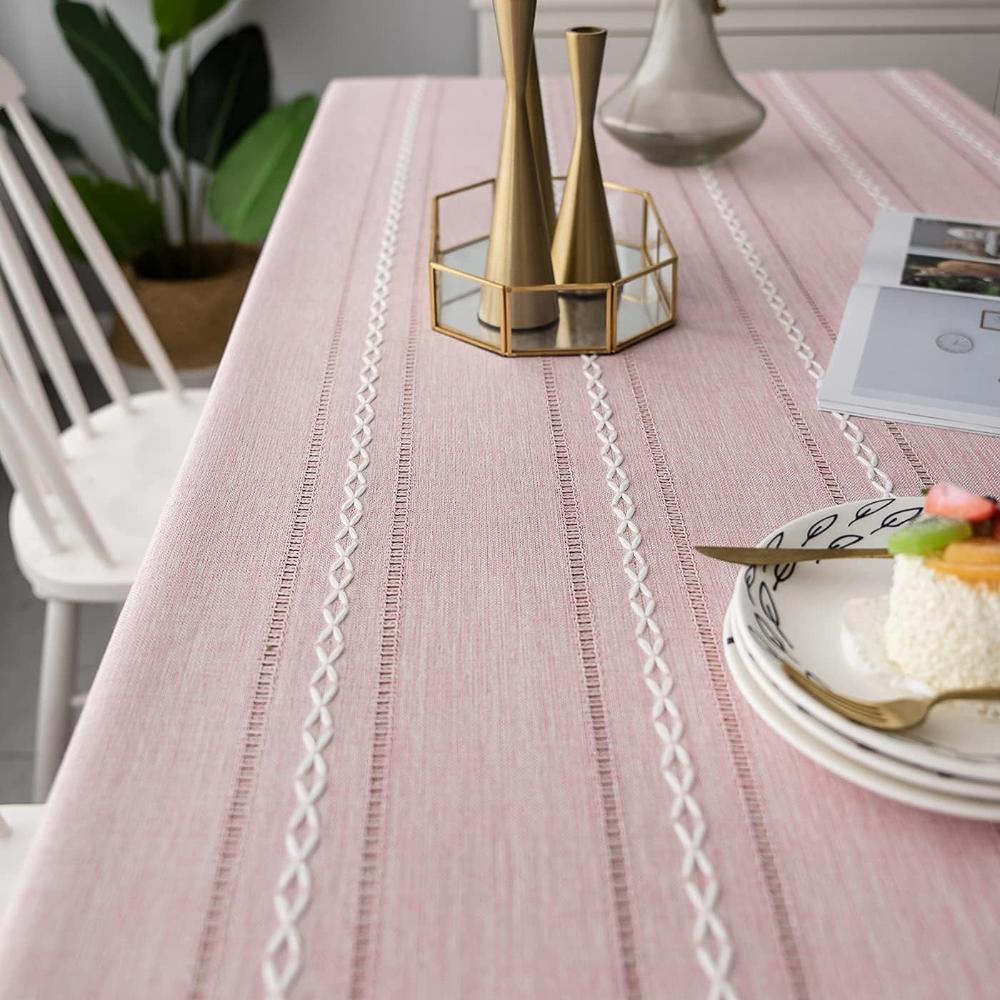 Elysian Cotton Linen Tablecloth - Striped Embroidery Tassel Lace 3