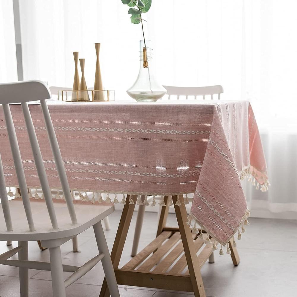 Elysian Cotton Linen Tablecloth - Striped Embroidery Tassel Lace 5