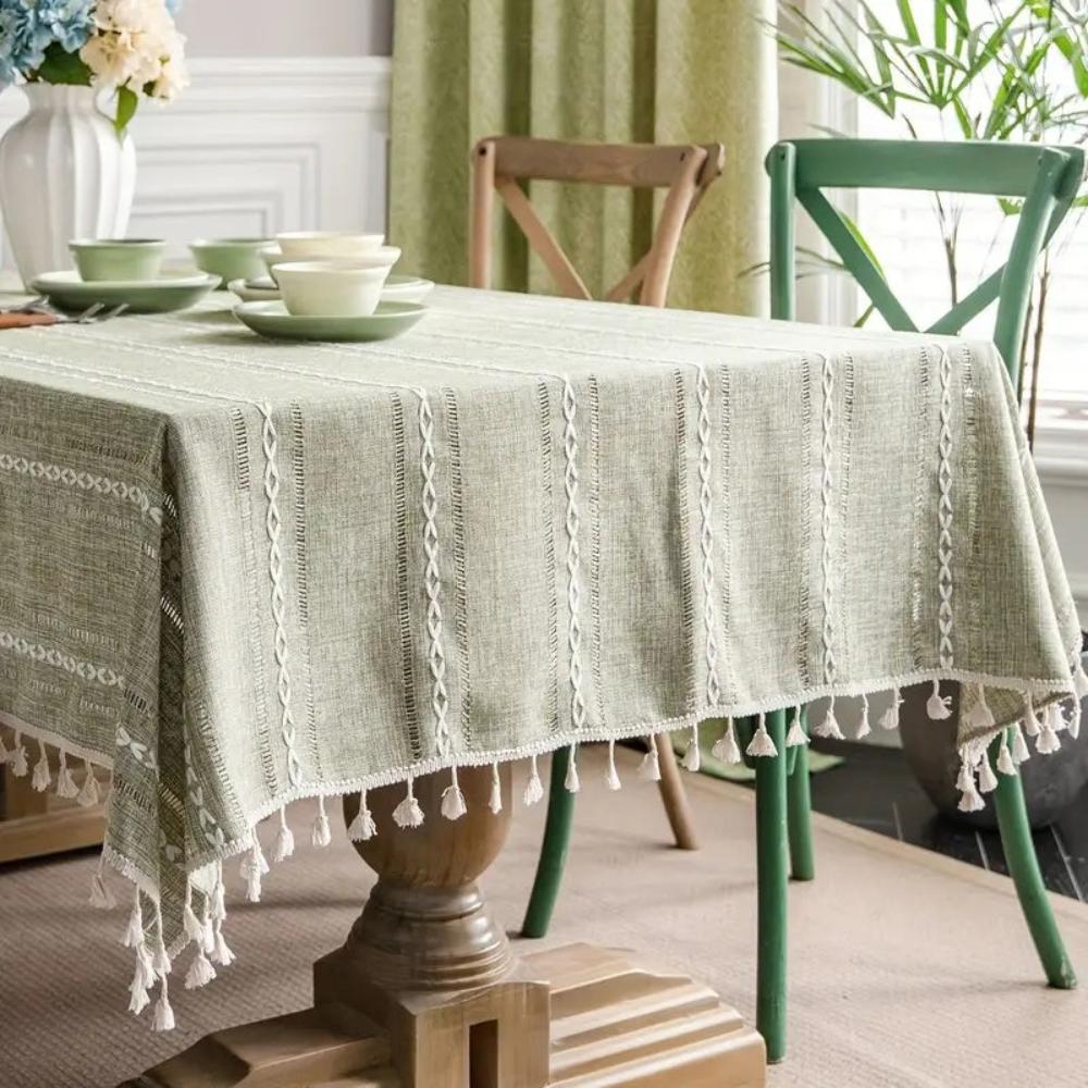 Elysian Cotton Linen Tablecloth - Striped Embroidery Tassel Lace 6