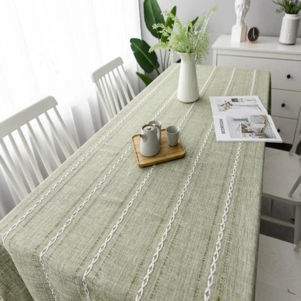 Elysian Cotton Linen Tablecloth - Striped Embroidery Tassel Lace 7