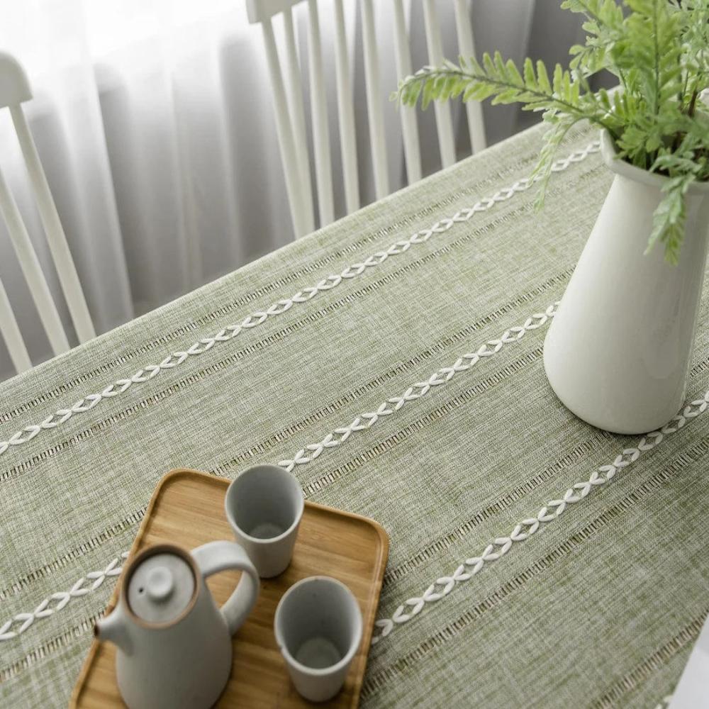 Elysian Cotton Linen Tablecloth - Striped Embroidery Tassel Lace 8
