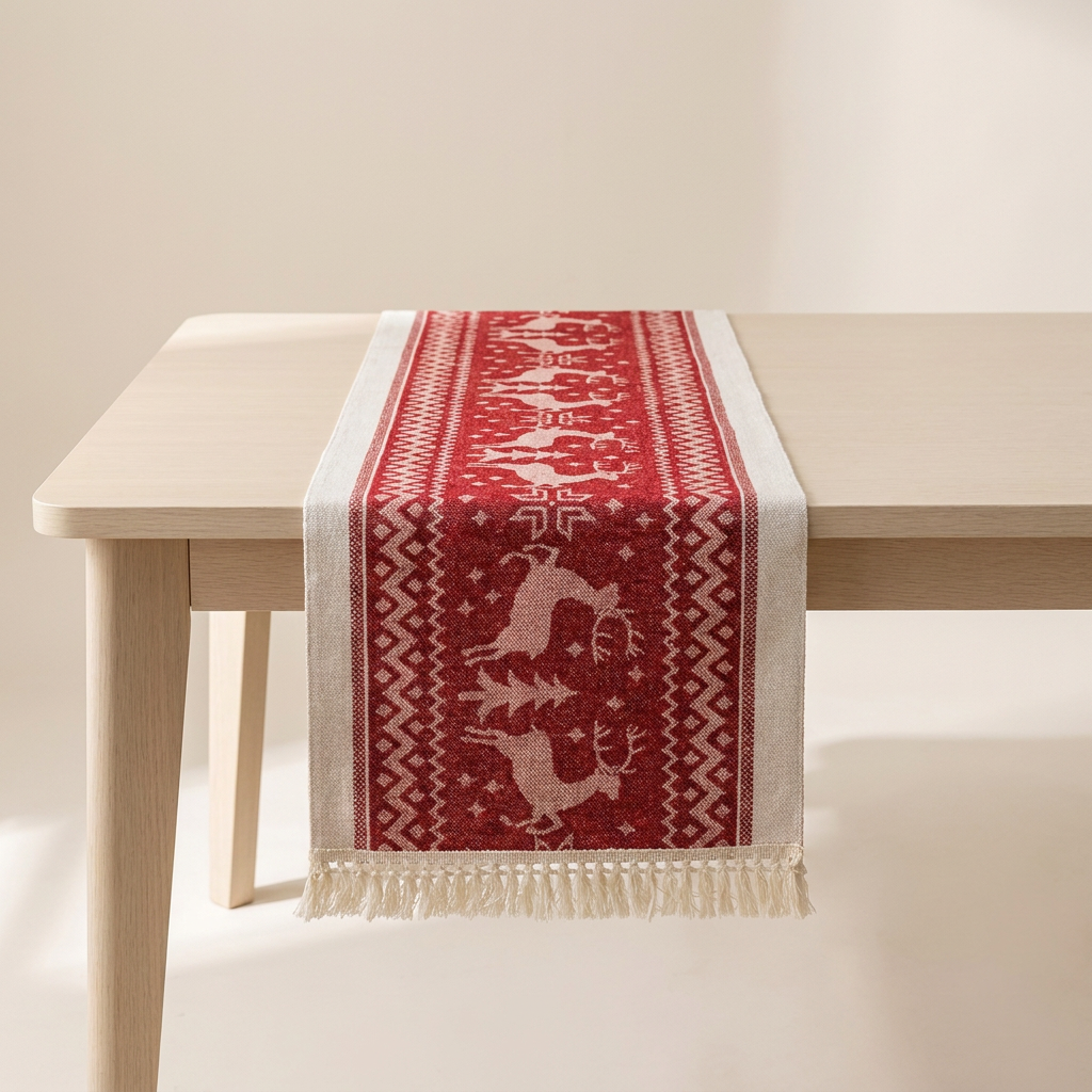 Everly Christmas Table Runner - Soft Microfiber, Elk Design with Tasseled Edges 1