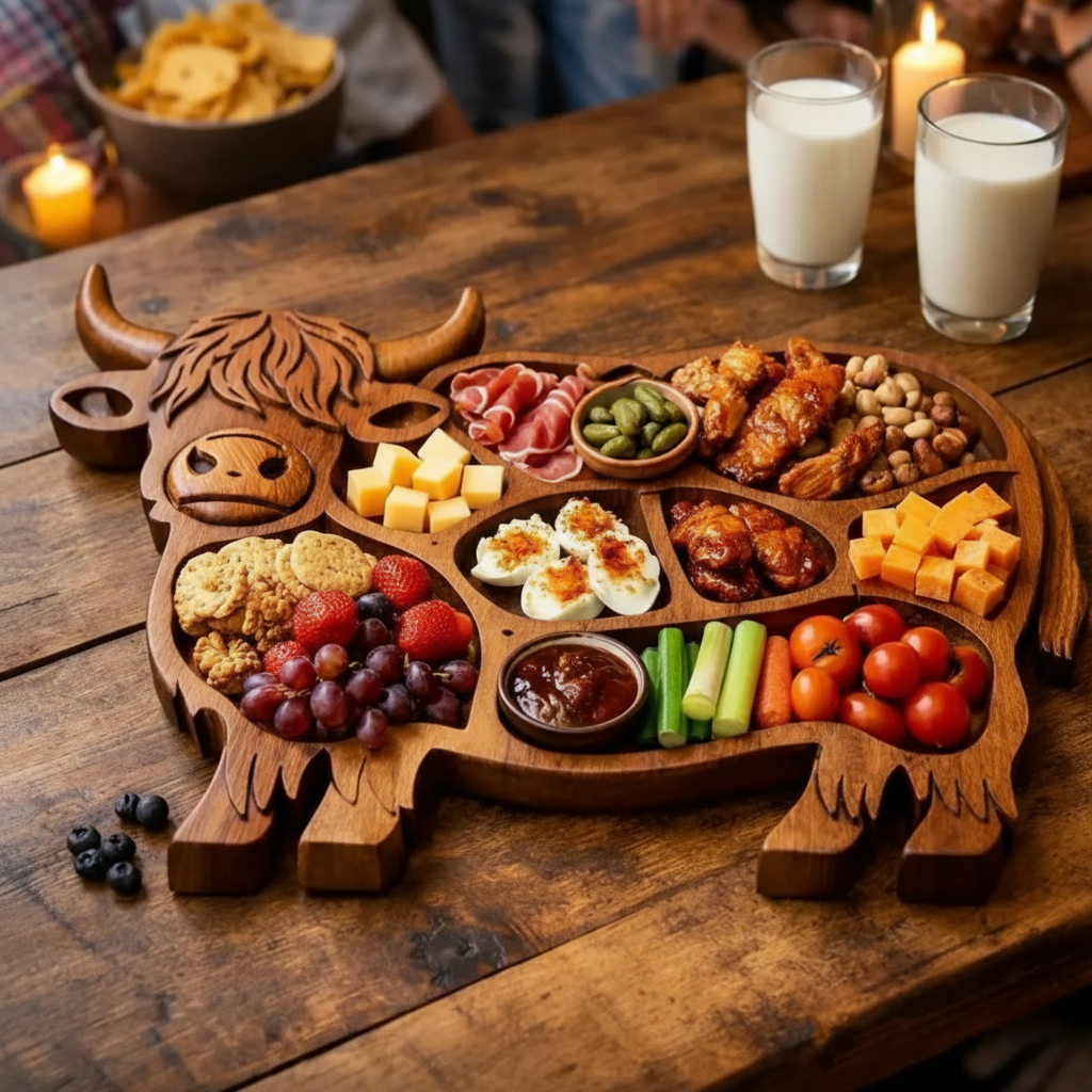 Fable Large Charcuterie Board - Handcrafted Rustic Wood, Cow Design 2