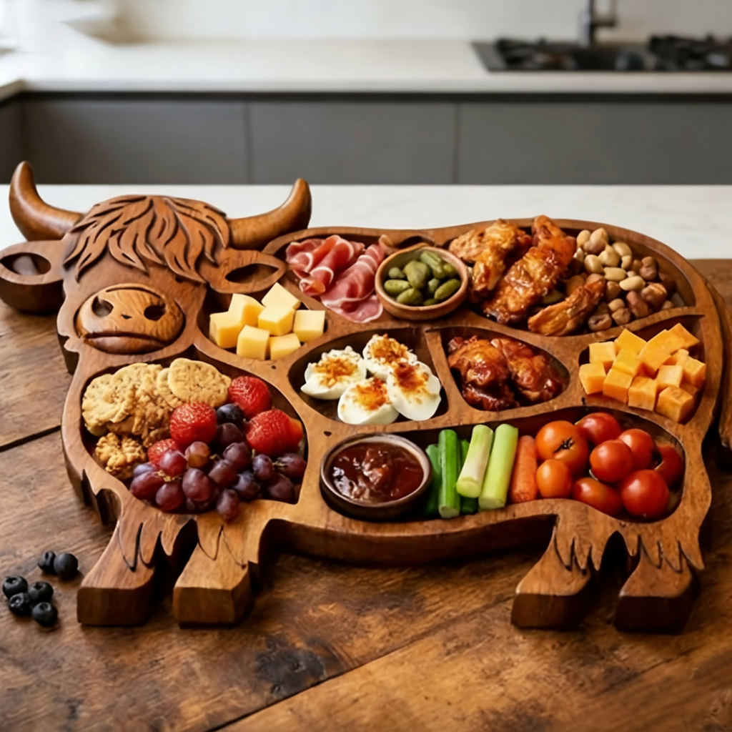 Fable Large Charcuterie Board - Handcrafted Rustic Wood, Cow Design 4