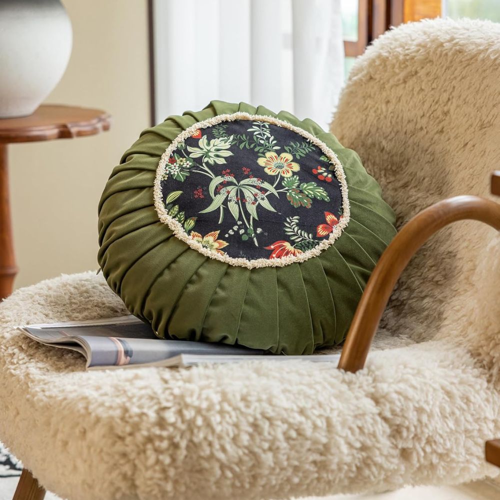 Fiora Round Cushion - Microfiber Velvet, Floral Design 1