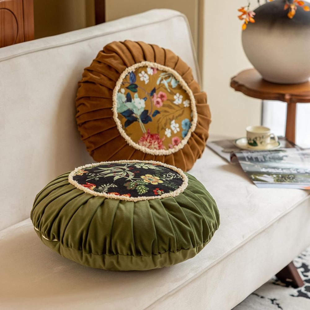 Fiora Round Cushion - Microfiber Velvet, Floral Design 2
