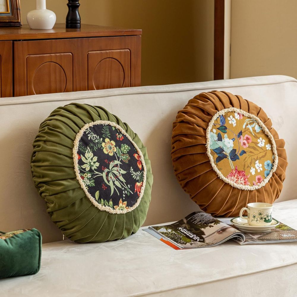 Fiora Round Cushion - Microfiber Velvet, Floral Design 3