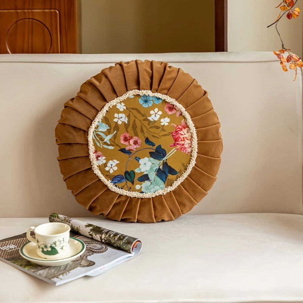 Fiora Round Cushion - Microfiber Velvet, Floral Design 4