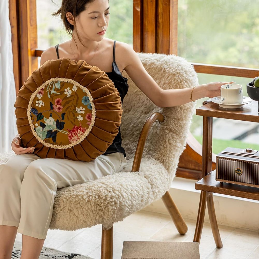 Fiora Round Cushion - Microfiber Velvet, Floral Design 5