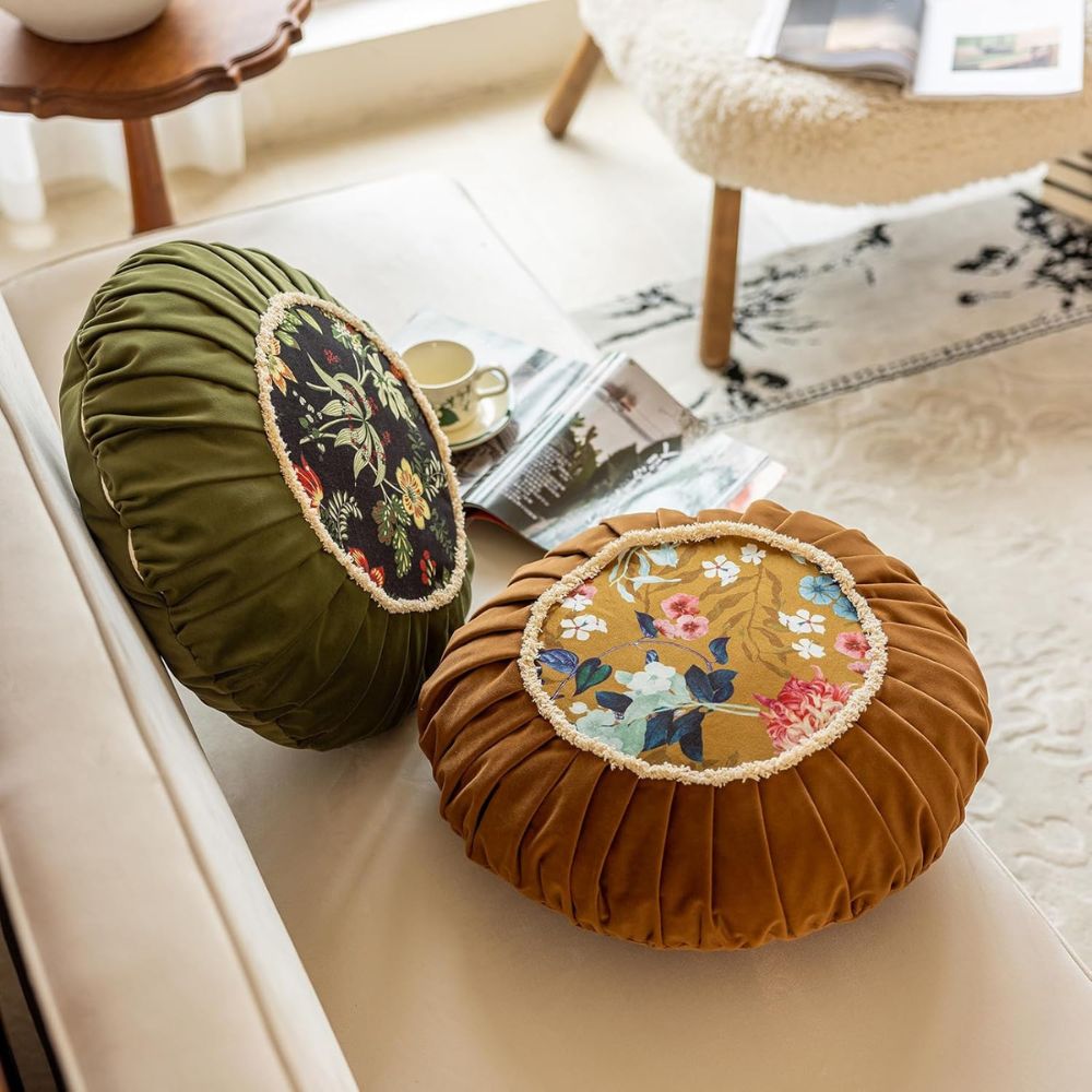 Fiora Round Cushion - Microfiber Velvet, Floral Design 6