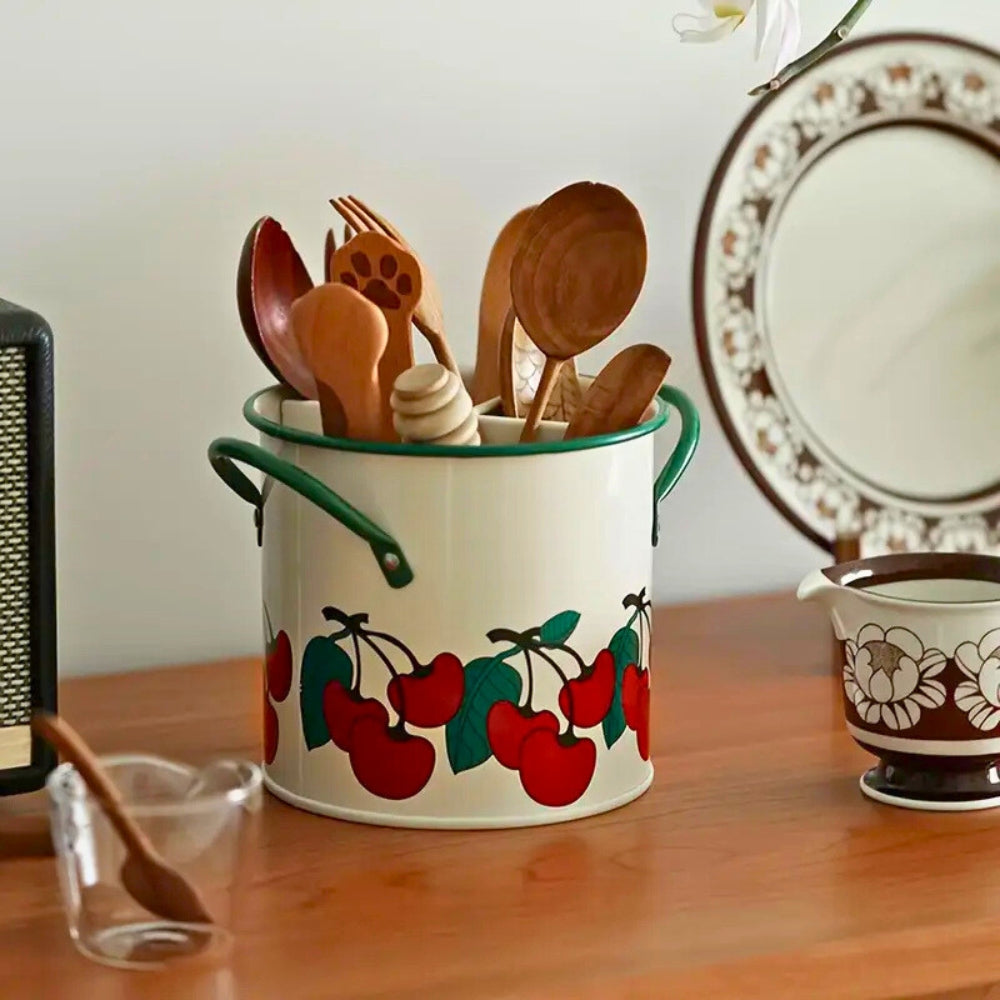 Fiora Utensil Holder - Cast Iron with Divider Lid, Vintage Floral Design 0