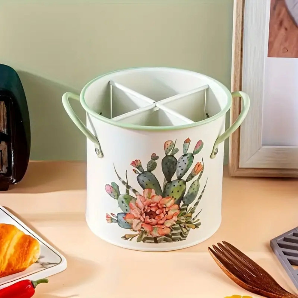 Fiora Utensil Holder - Cast Iron with Divider Lid, Vintage Floral Design 5