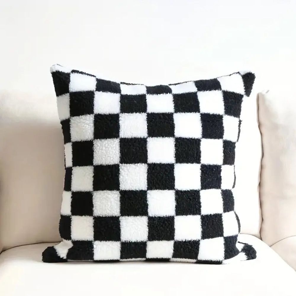 Flora Cushion Cover - Plush Faux Fur, Checkered Design for Sofa 0