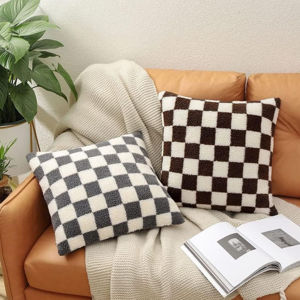 Flora Cushion Cover - Plush Faux Fur, Checkered Design for Sofa 2