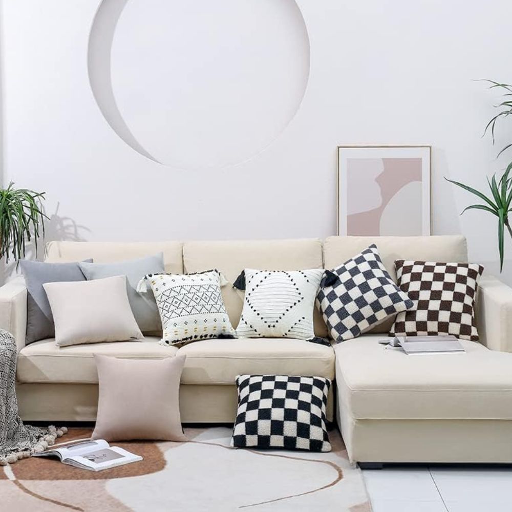 Flora Cushion Cover - Plush Faux Fur, Checkered Design for Sofa 3
