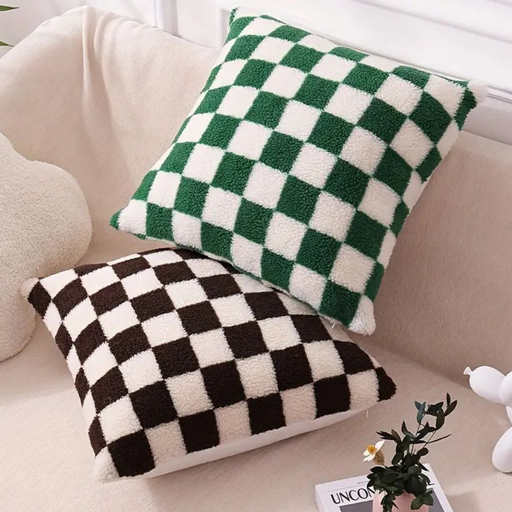 Flora Cushion Cover - Plush Faux Fur, Checkered Design for Sofa 4