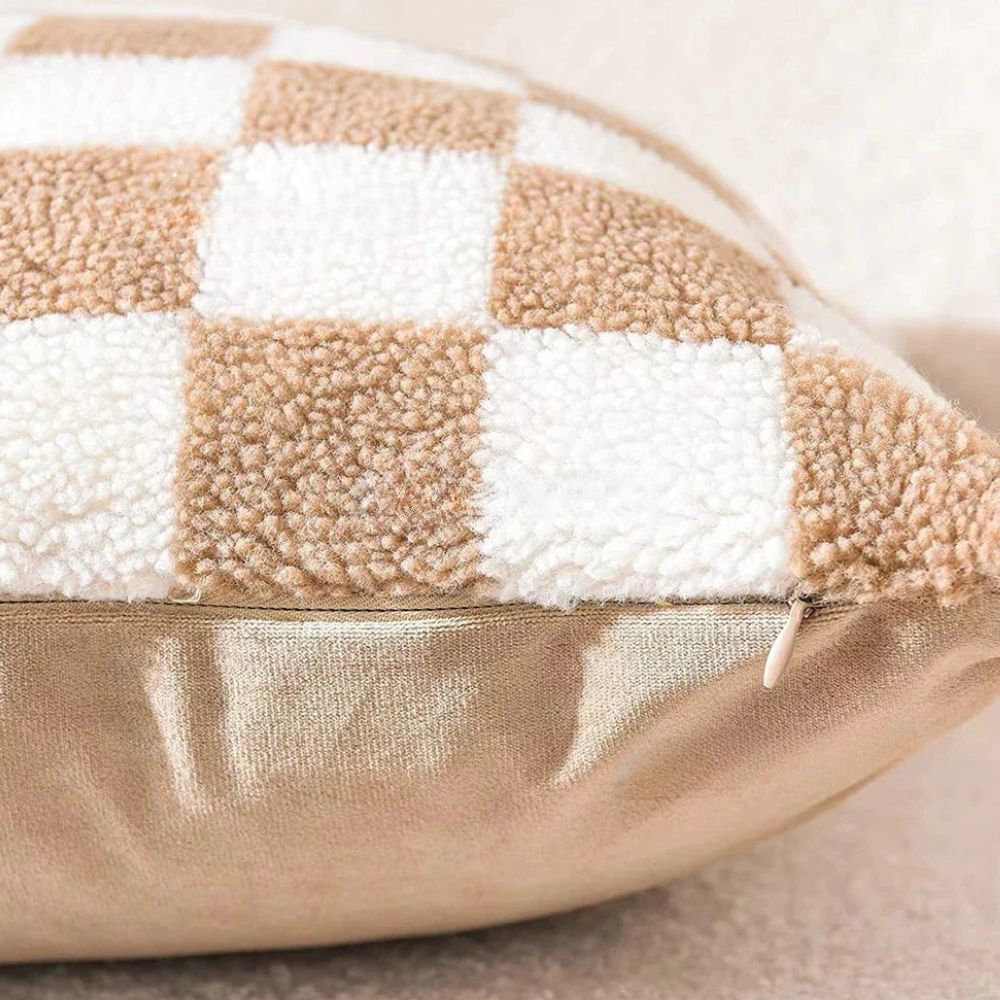 Flora Cushion Cover - Plush Faux Fur, Checkered Design for Sofa 6