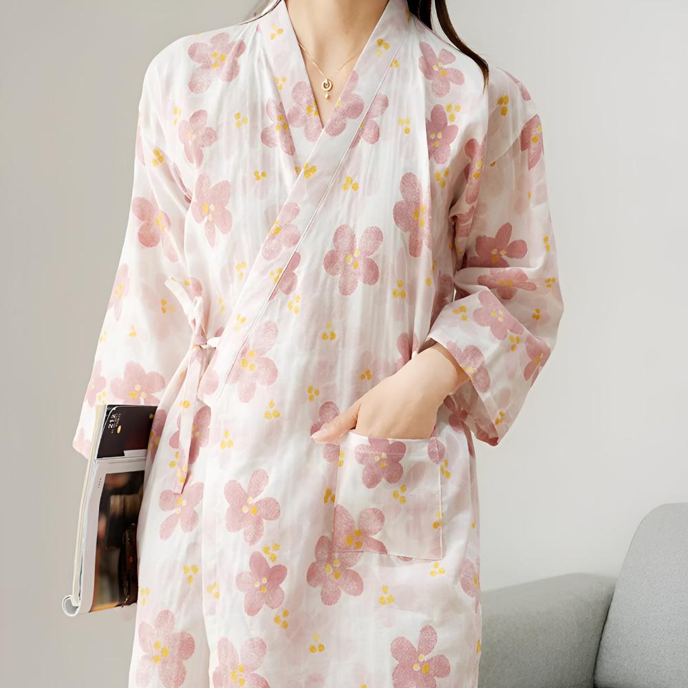 Flora Yukata Bathrobe - Cotton, Adjustable Fit 1