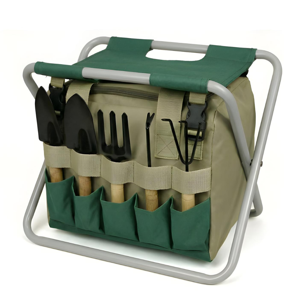 Garnet Gardening Tools Set - 6-Piece Compact with Folding Stool and Carrying Bag 0