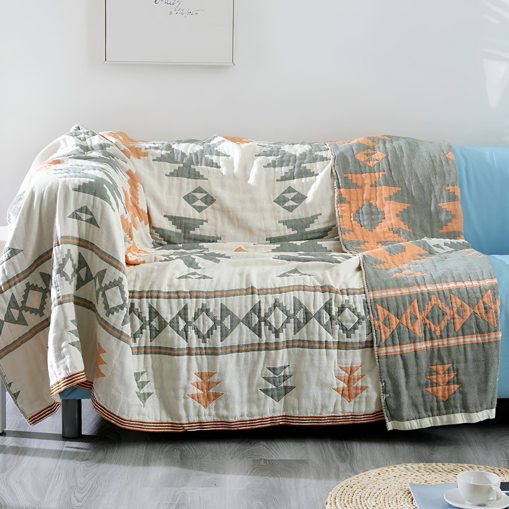 Gema Reversible Blanket - 100% Cotton, Geometric & Solid Color 1