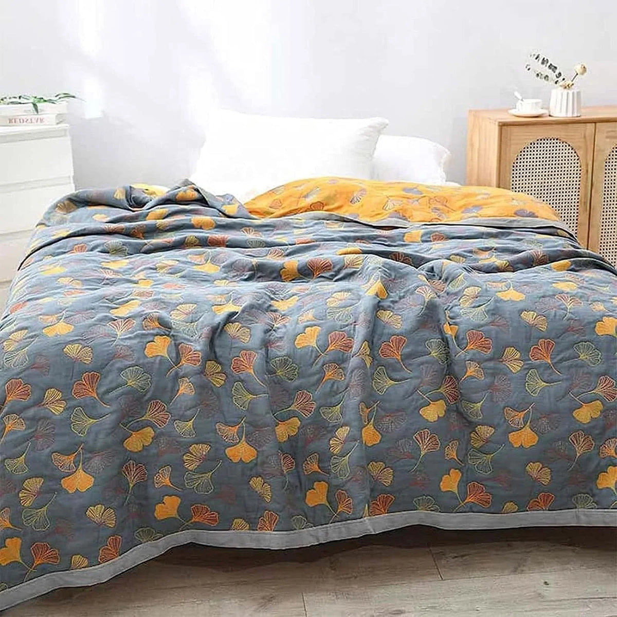 Glimmer Throw Blanket - Reversible Cotton, Ginkgo Leaf Pattern 1
