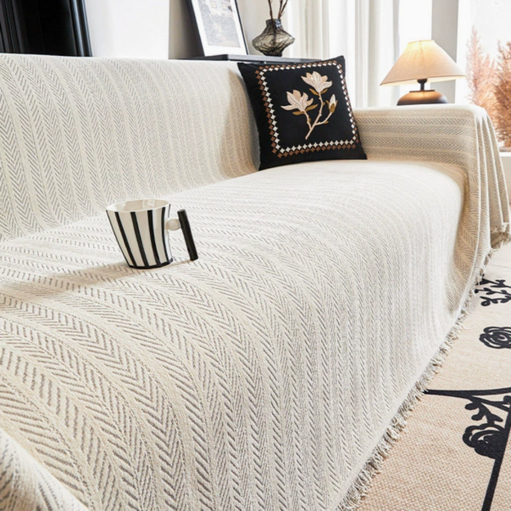 HerriLuxe Cover - Couch Cover - Herringbone Style - Chenille Tassel Comfort