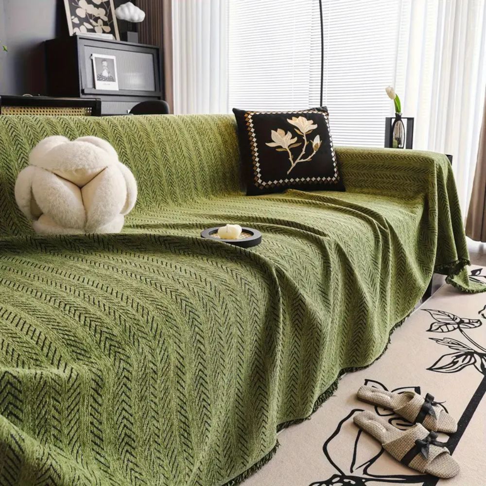 HerriLuxe Cover - Couch Cover - Herringbone Style - Chenille Tassel Comfort