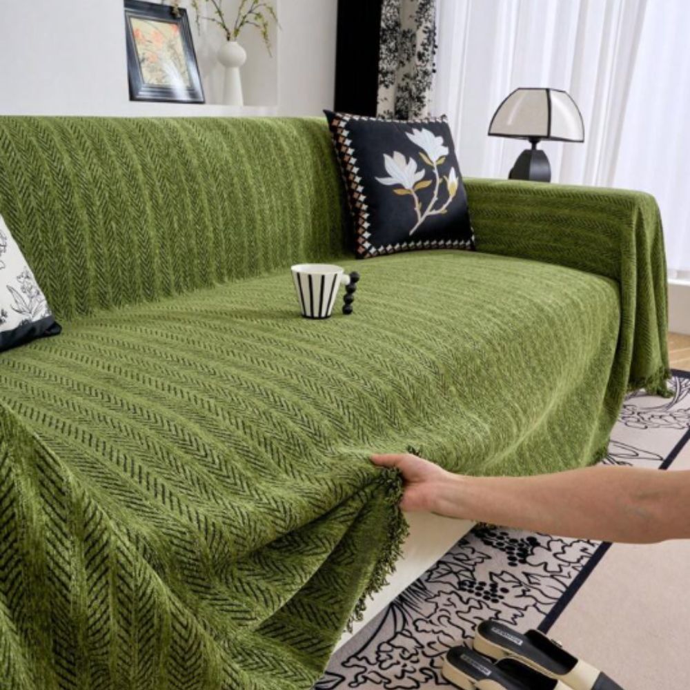 HerriLuxe Cover - Couch Cover - Herringbone Style - Chenille Tassel Comfort