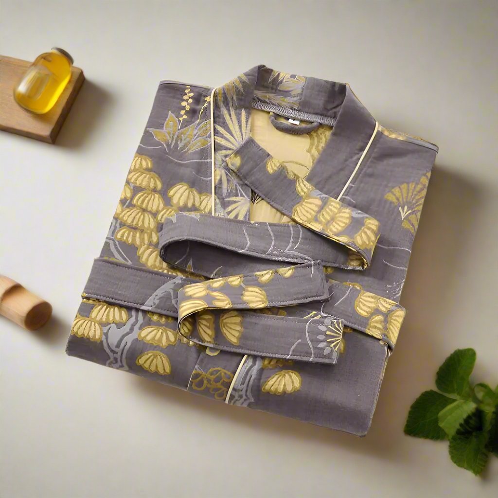 Imperial Flora Bathrobe - Cotton Gauze, Elegant Floral Design 0