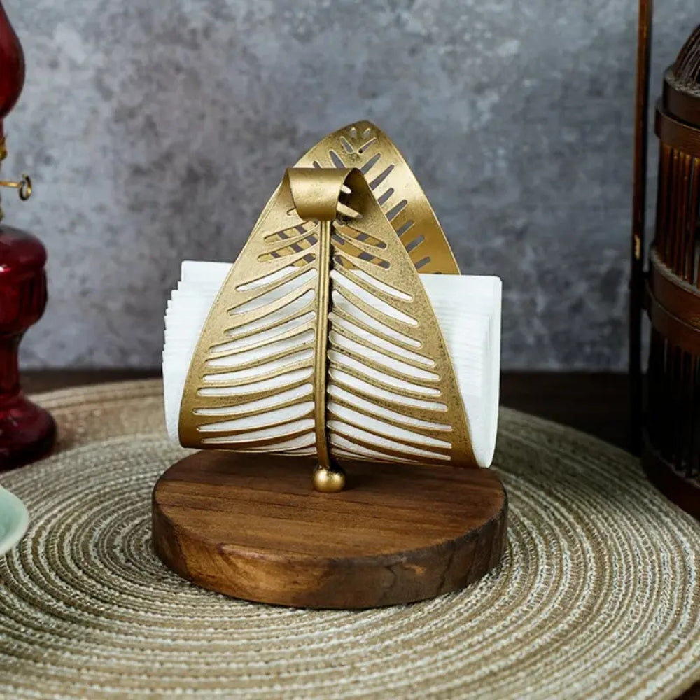 Ivy Tissue Box Holder - Iron Leaf Design, Wooden Base 4