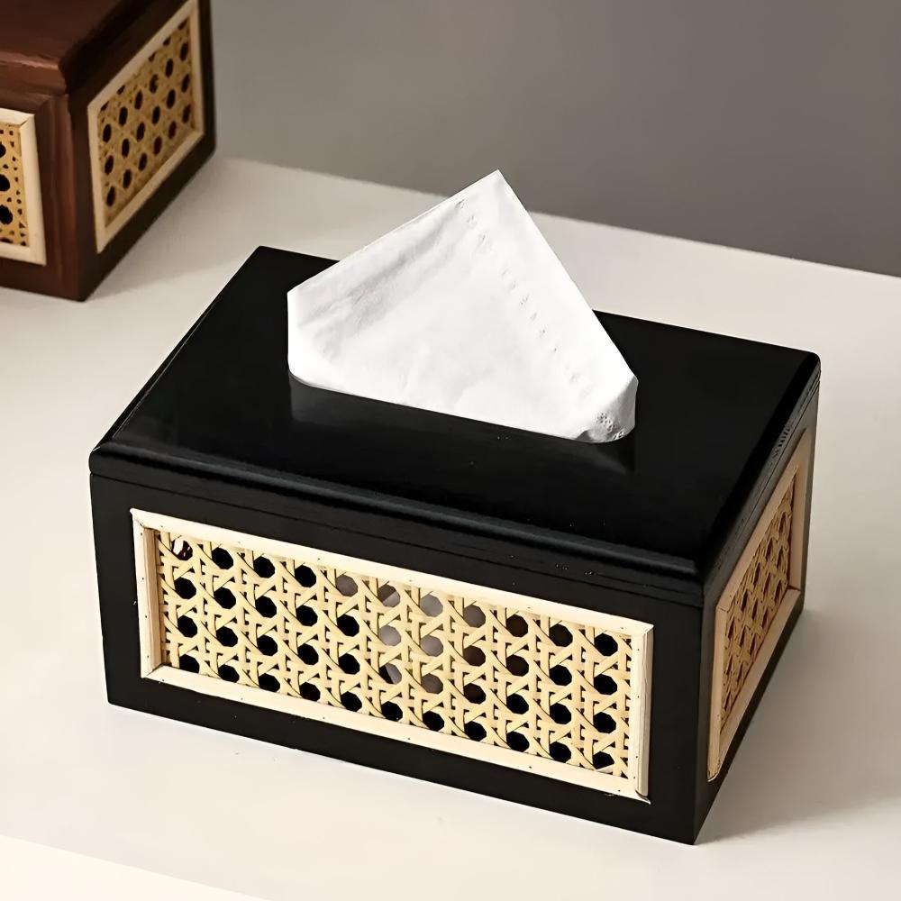 Jade Japandi Tissue Box Cover - Rattan and Wood, Minimalist Design 0