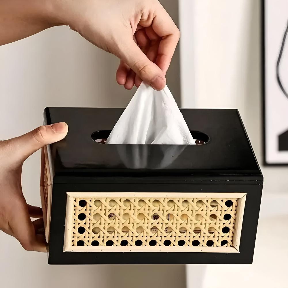 Jade Japandi Tissue Box Cover - Rattan and Wood, Minimalist Design 1