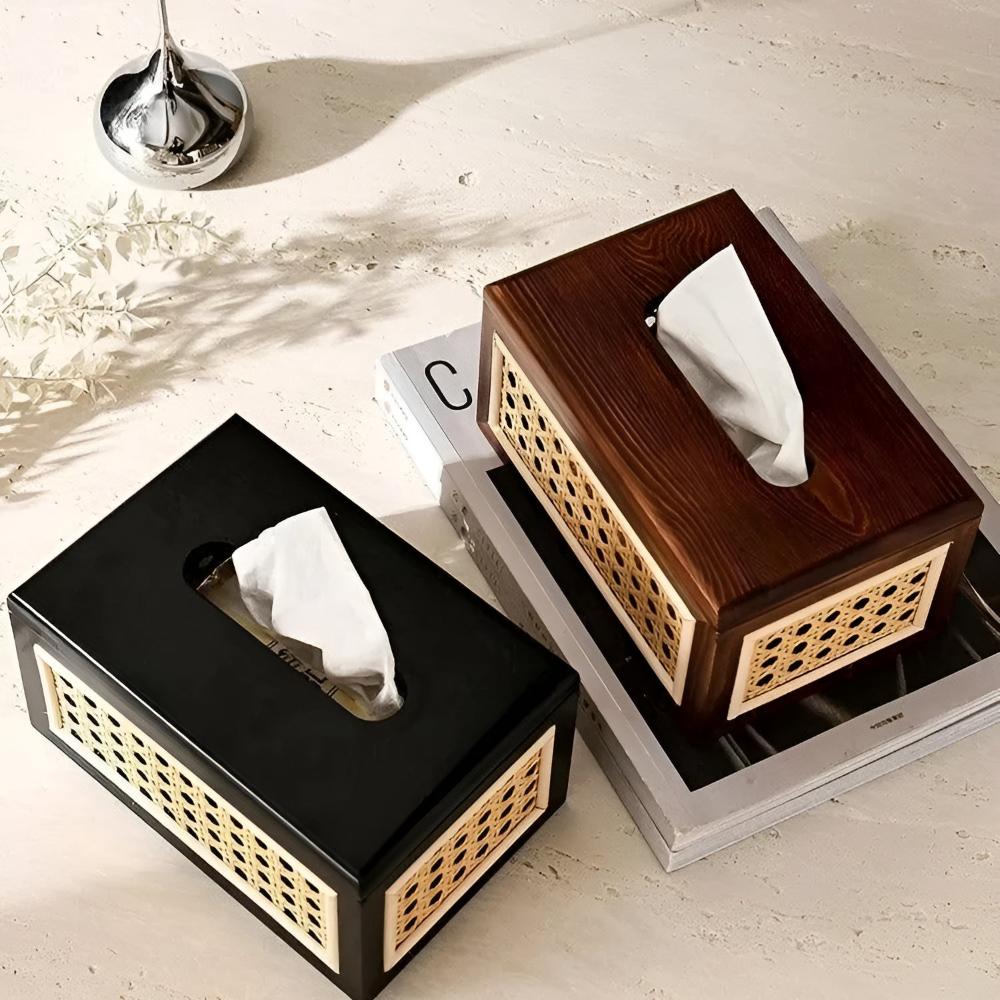 Jade Japandi Tissue Box Cover - Rattan and Wood, Minimalist Design 4