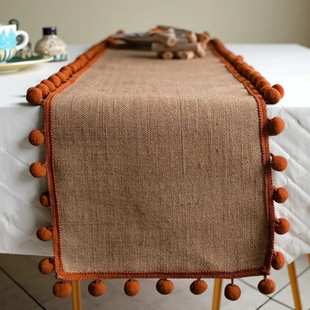 Juno Table Runner - Jute with Orange Pom-Pom Trim, Bohemian Style for Fall Decor 0