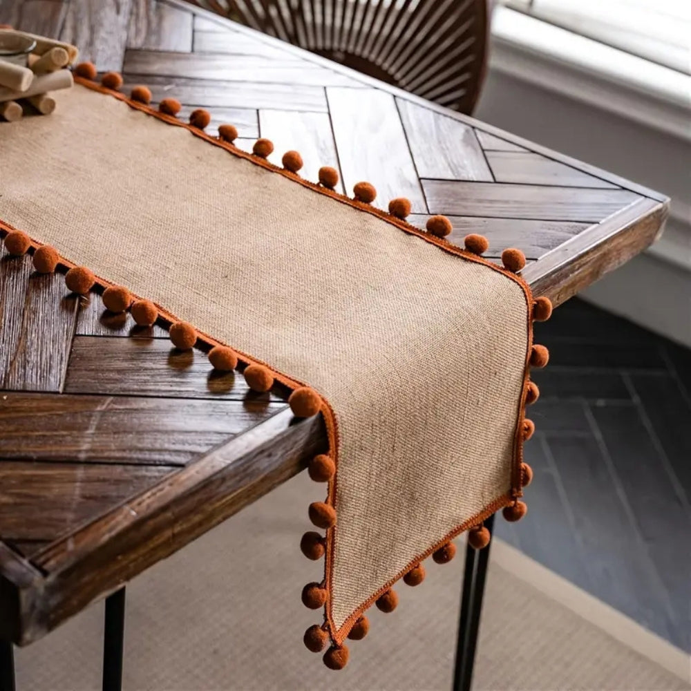 Juno Table Runner - Jute with Orange Pom-Pom Trim, Bohemian Style for Fall Decor 1