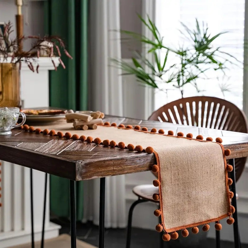Juno Table Runner - Jute with Orange Pom-Pom Trim, Bohemian Style for Fall Decor 2