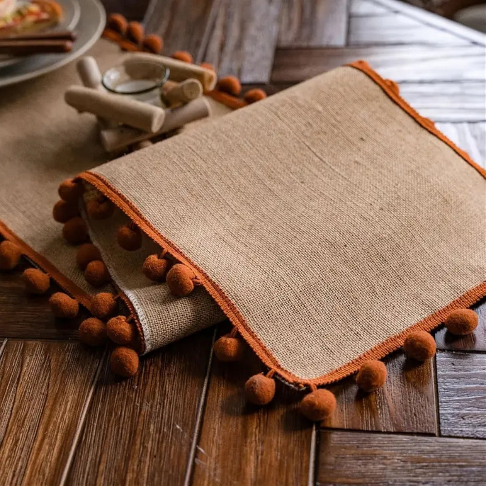 Juno Table Runner - Jute with Orange Pom-Pom Trim, Bohemian Style for Fall Decor 4