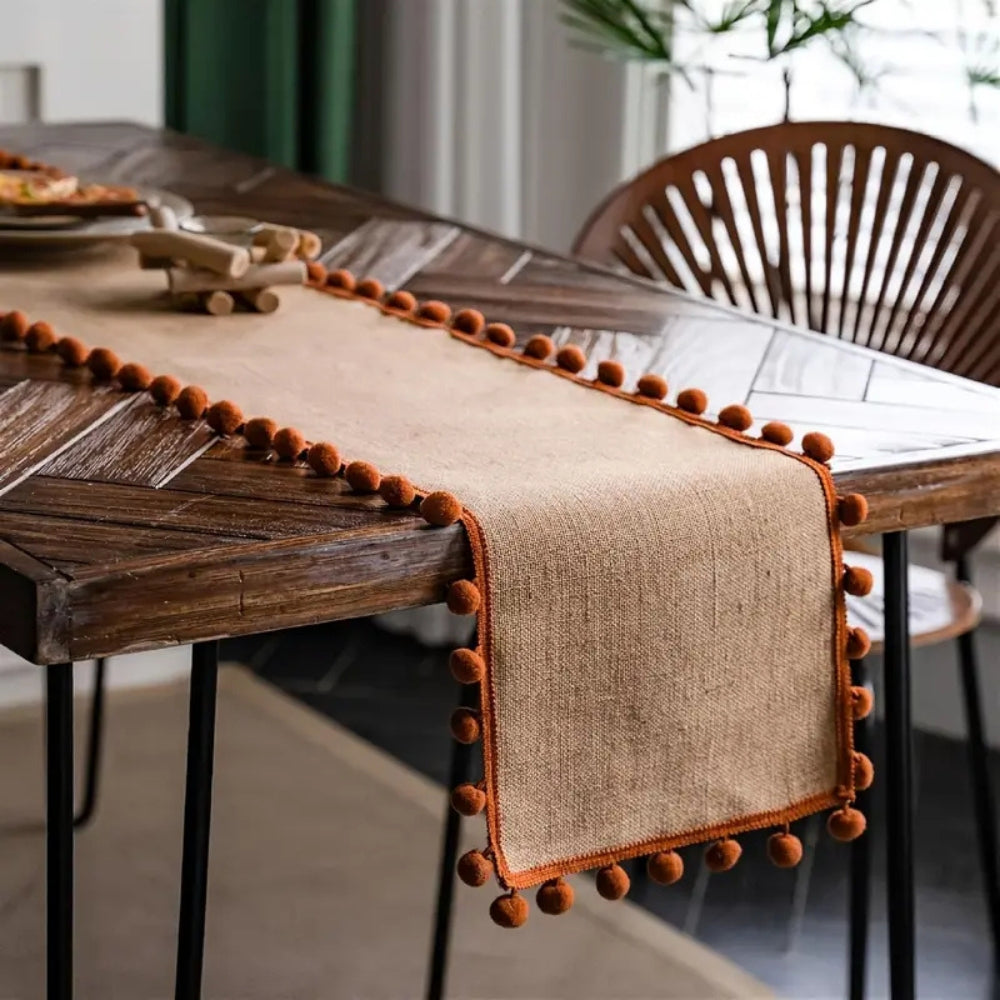 Juno Table Runner - Jute with Orange Pom-Pom Trim, Bohemian Style for Fall Decor 5