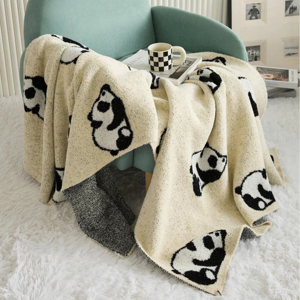 Kora Throw Blanket - Cotton Jacquard Knit, Cozy Panda Design 1