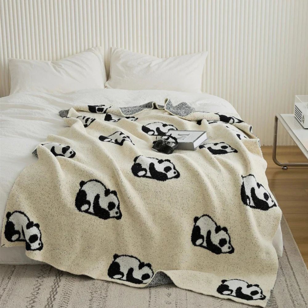 Kora Throw Blanket - Cotton Jacquard Knit, Cozy Panda Design 5