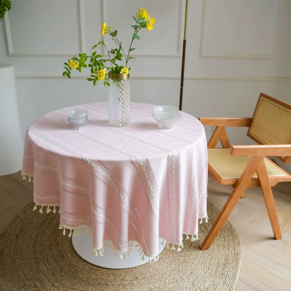 Liora Round Table Cloth - Microfiber, Embroidered Leaf Design 0