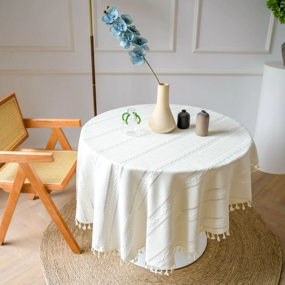 Liora Round Table Cloth - Microfiber, Embroidered Leaf Design 10