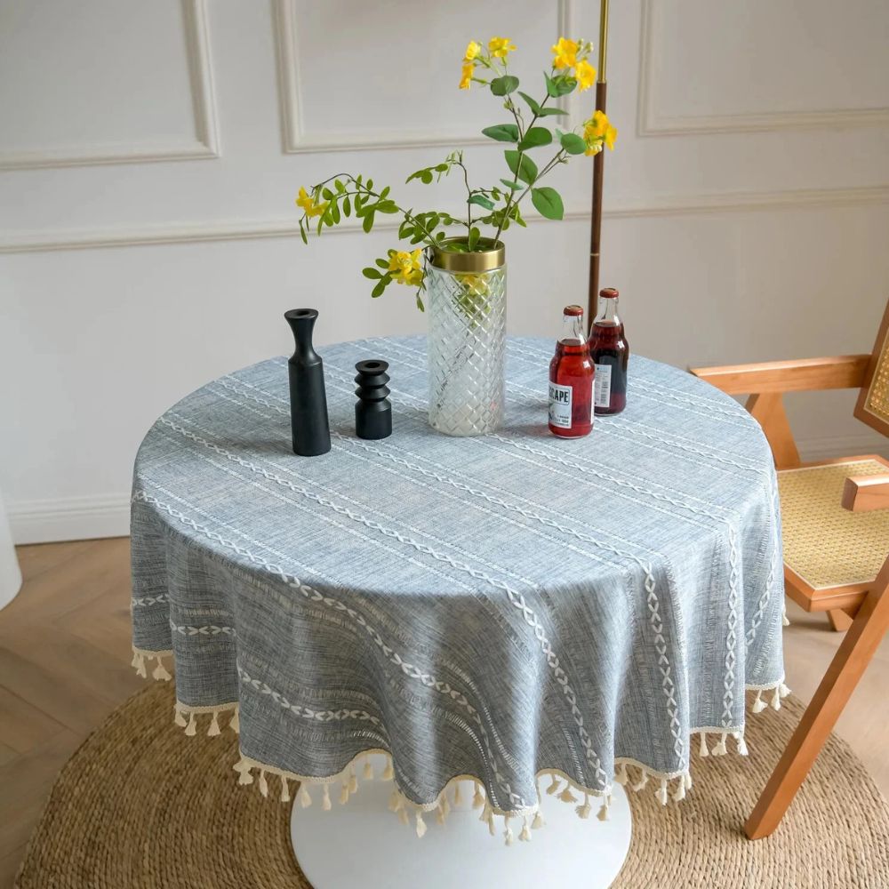 Liora Round Table Cloth - Microfiber, Embroidered Leaf Design 2