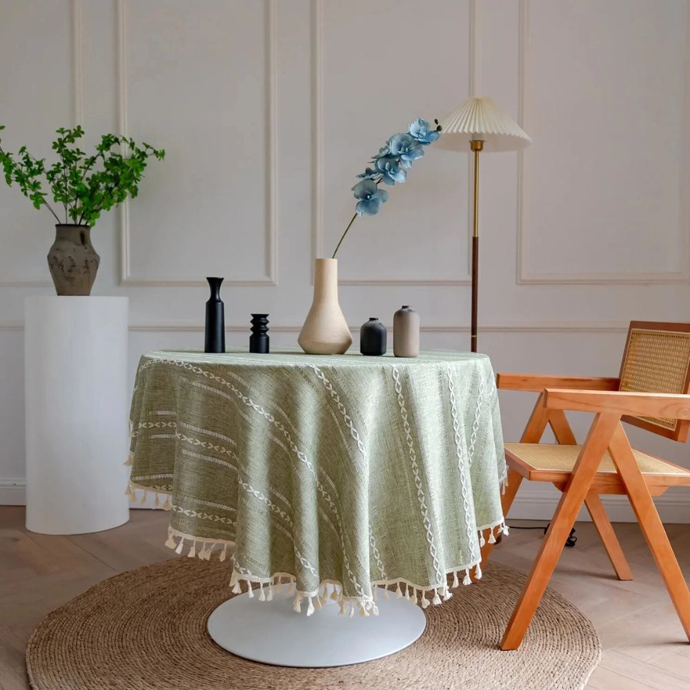 Liora Round Table Cloth - Microfiber, Embroidered Leaf Design 3