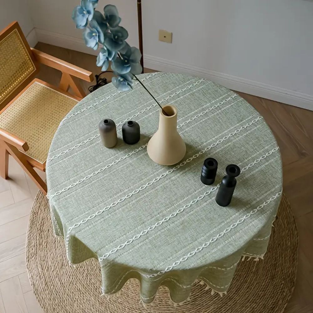 Liora Round Table Cloth - Microfiber, Embroidered Leaf Design 5