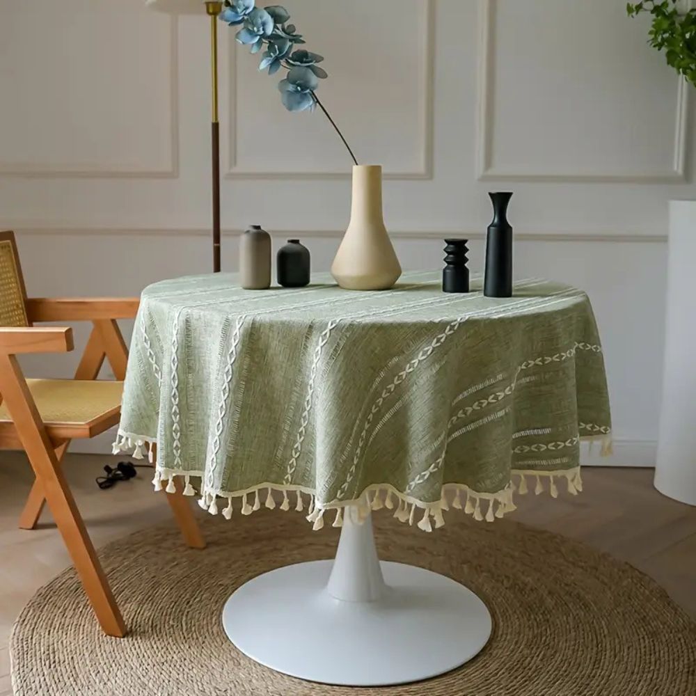 Liora Round Table Cloth - Microfiber, Embroidered Leaf Design 6